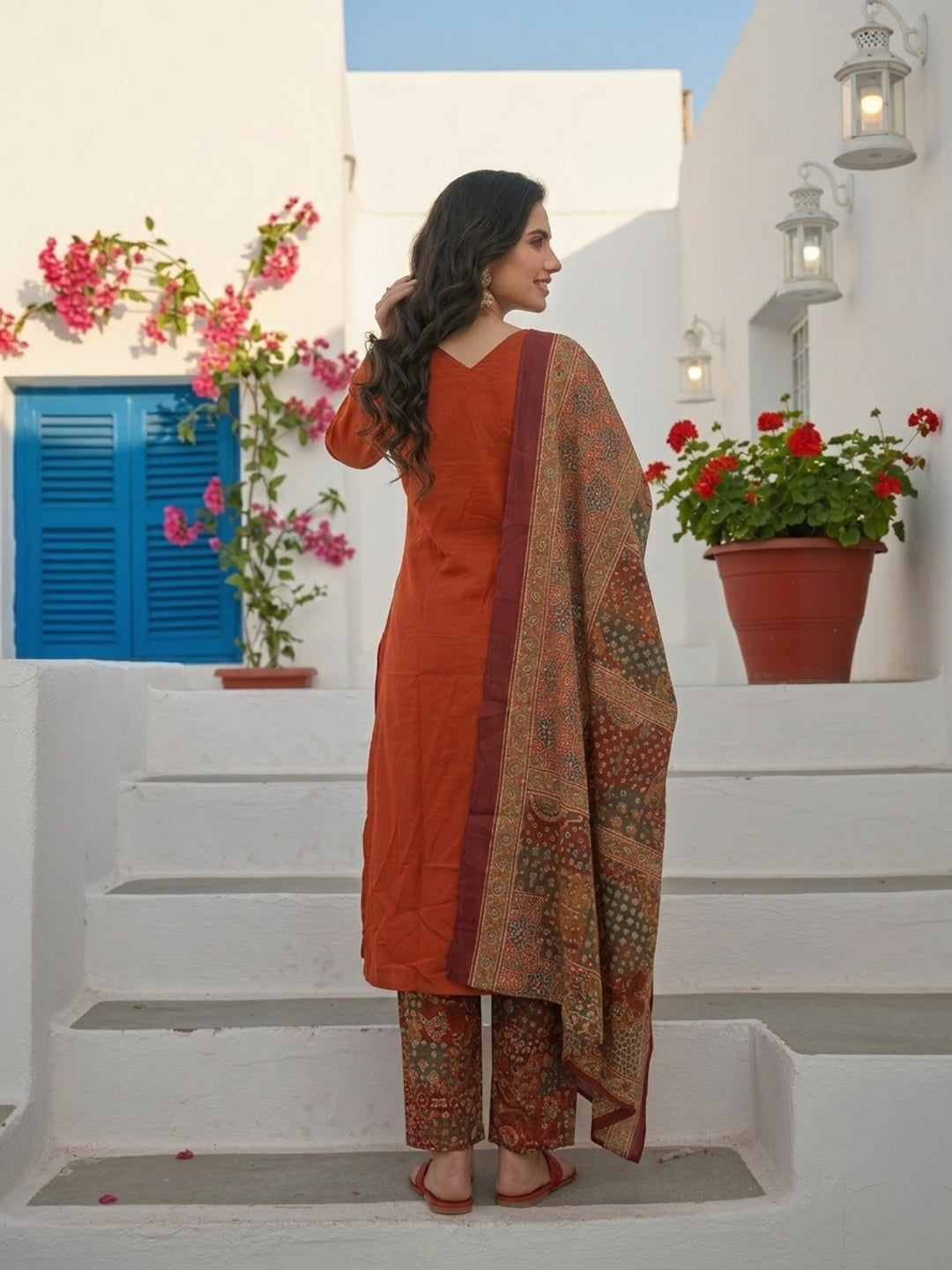 Ajrakh Inspired Printed Straight Kurta Set with Pant & Dupatta - Rust Orange