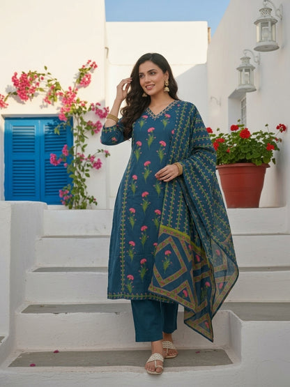 Floral Printed Anarkali with Pant & Dupatta - Blue