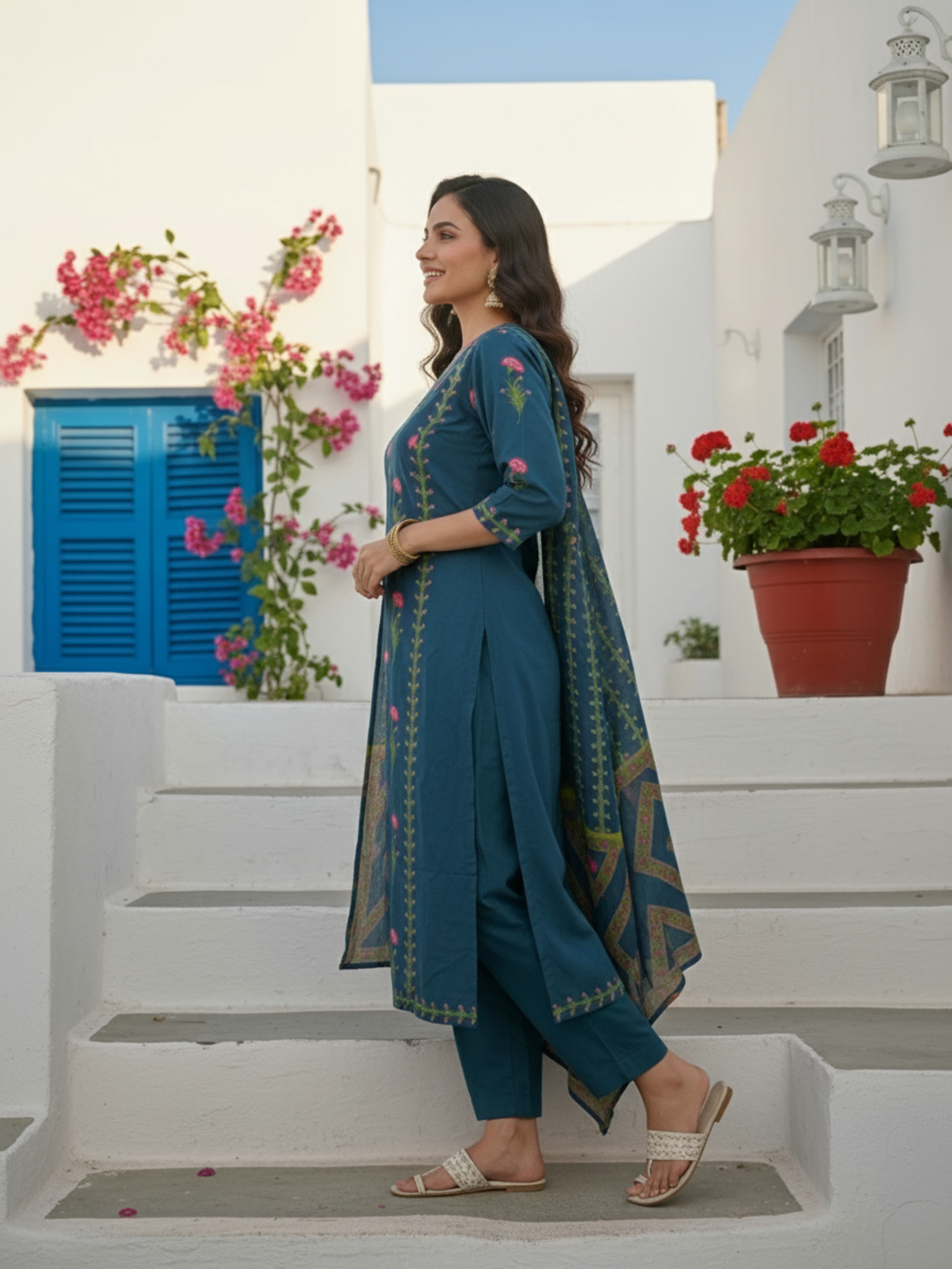 Floral Printed Anarkali with Pant & Dupatta - Blue