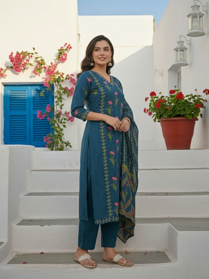 Floral Printed Anarkali with Pant & Dupatta - Blue