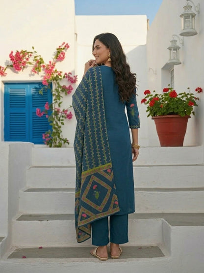 Floral Printed Anarkali with Pant & Dupatta - Blue
