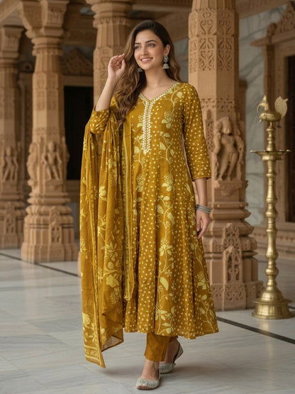 Floral Printed Anarkali Flared Kurta with Pant & Dupatta - Mustard