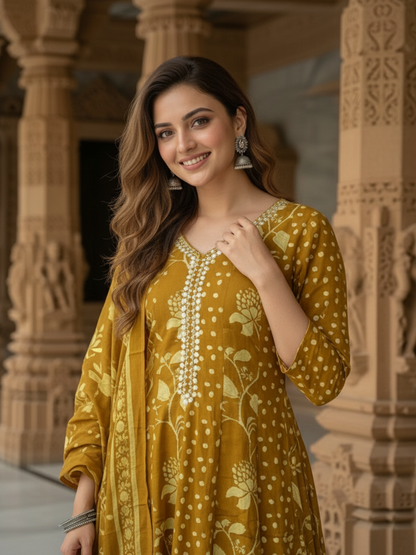 Floral Printed Anarkali Flared Kurta with Pant & Dupatta - Mustard