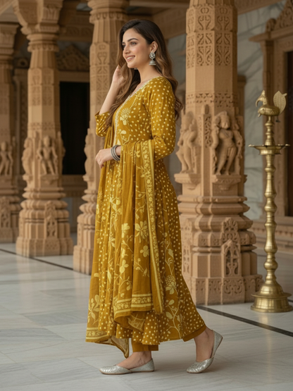 Floral Printed Anarkali Flared Kurta with Pant & Dupatta - Mustard