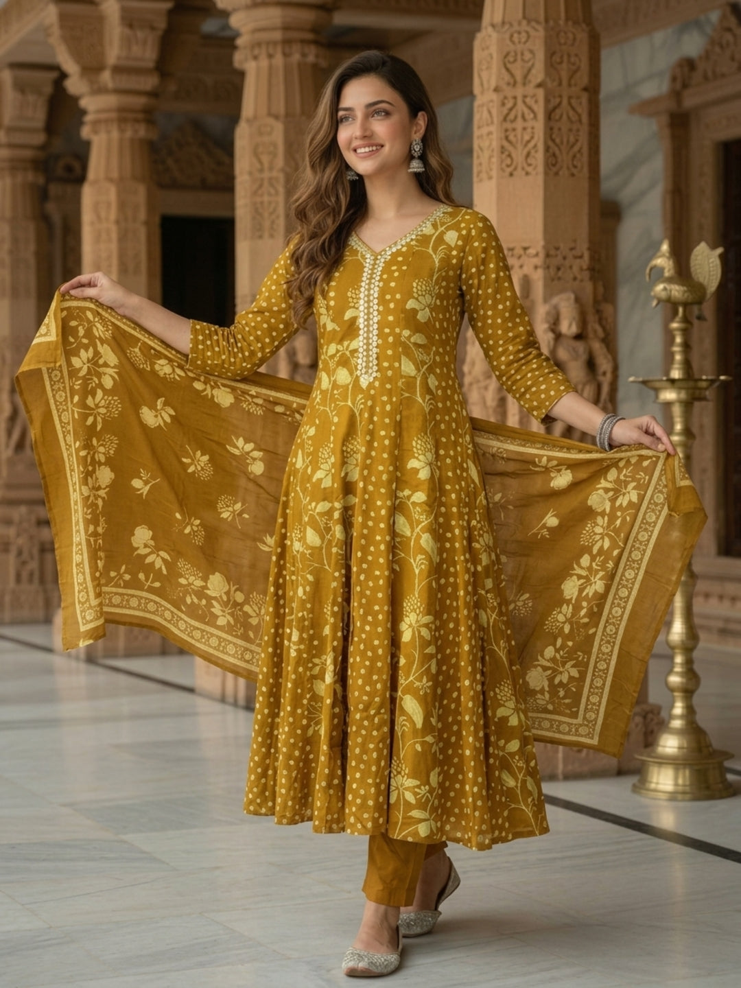 Floral Printed Anarkali Flared Kurta with Pant & Dupatta - Mustard