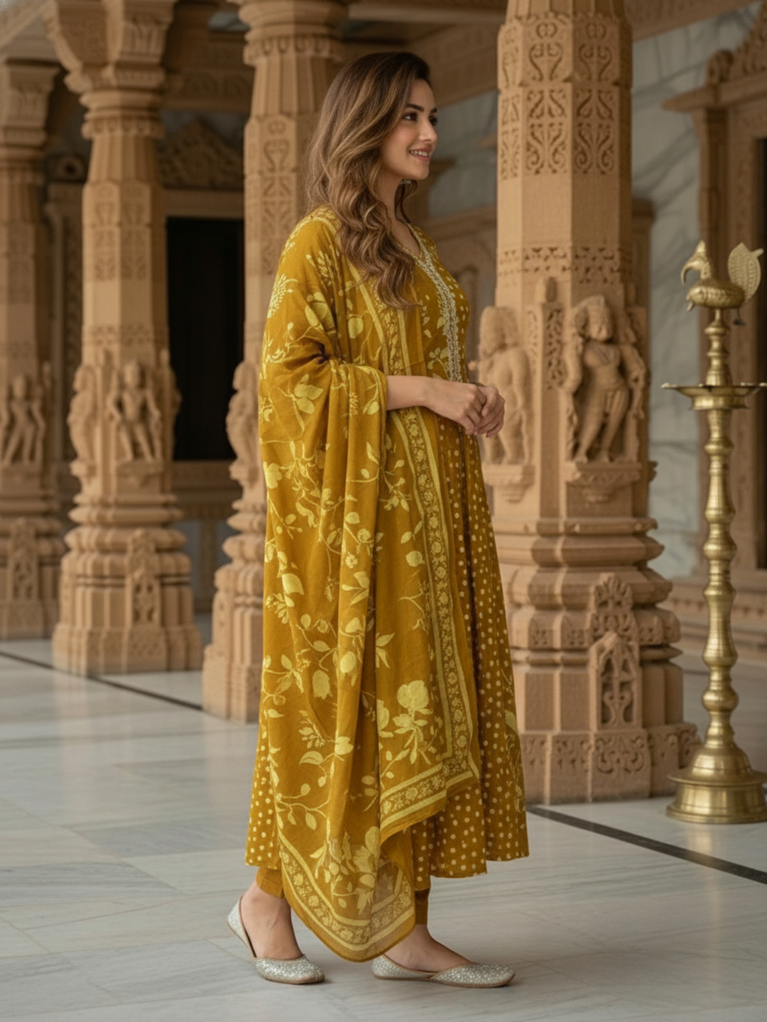 Floral Printed Anarkali Flared Kurta with Pant & Dupatta - Mustard
