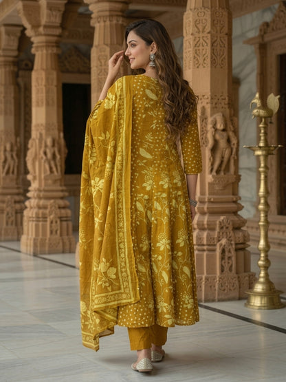 Floral Printed Anarkali Flared Kurta with Pant & Dupatta - Mustard