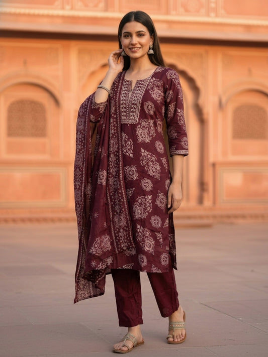 Ethnic Floral Printed Embroidered Straight Kurta with Pant & Dupatta - Burgundy