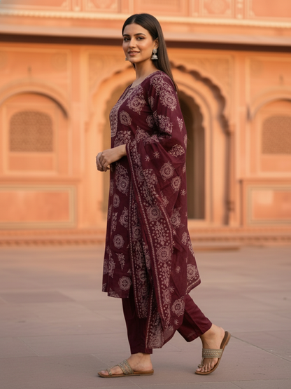Ethnic Floral Printed Embroidered Straight Kurta with Pant & Dupatta - Burgundy