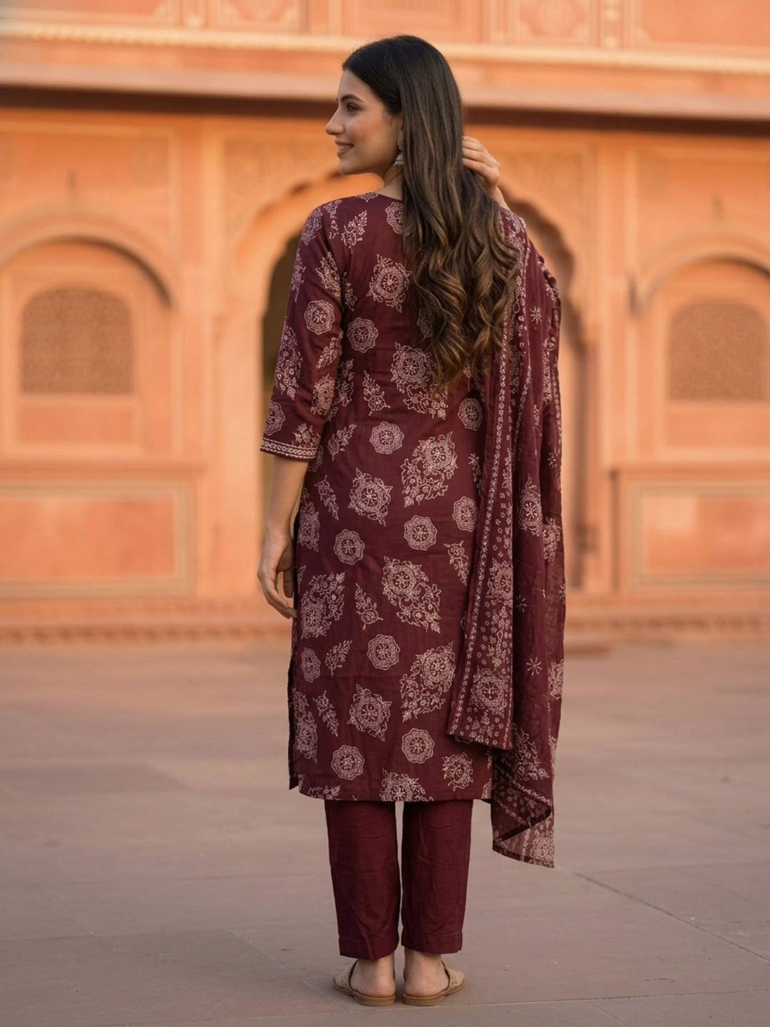 Ethnic Floral Printed Embroidered Straight Kurta with Pant & Dupatta - Burgundy