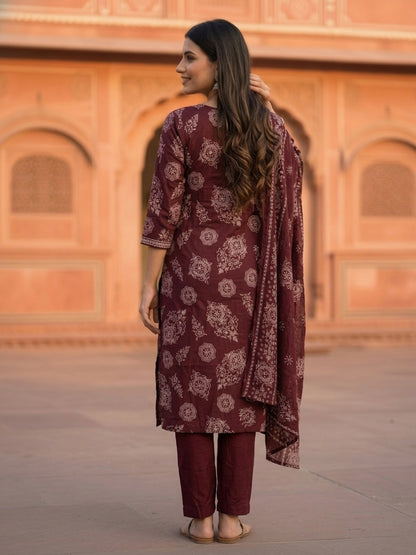 Ethnic Floral Printed Embroidered Straight Kurta with Pant & Dupatta - Burgundy