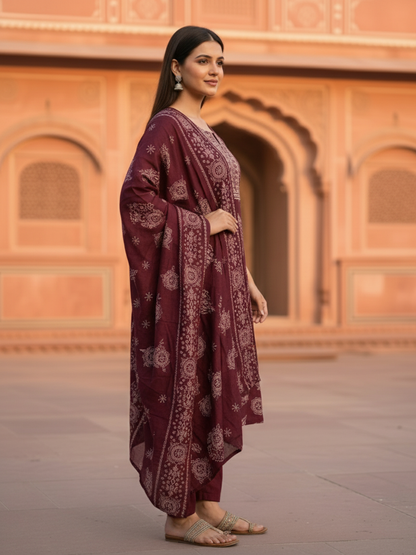 Ethnic Floral Printed Embroidered Straight Kurta with Pant & Dupatta - Burgundy