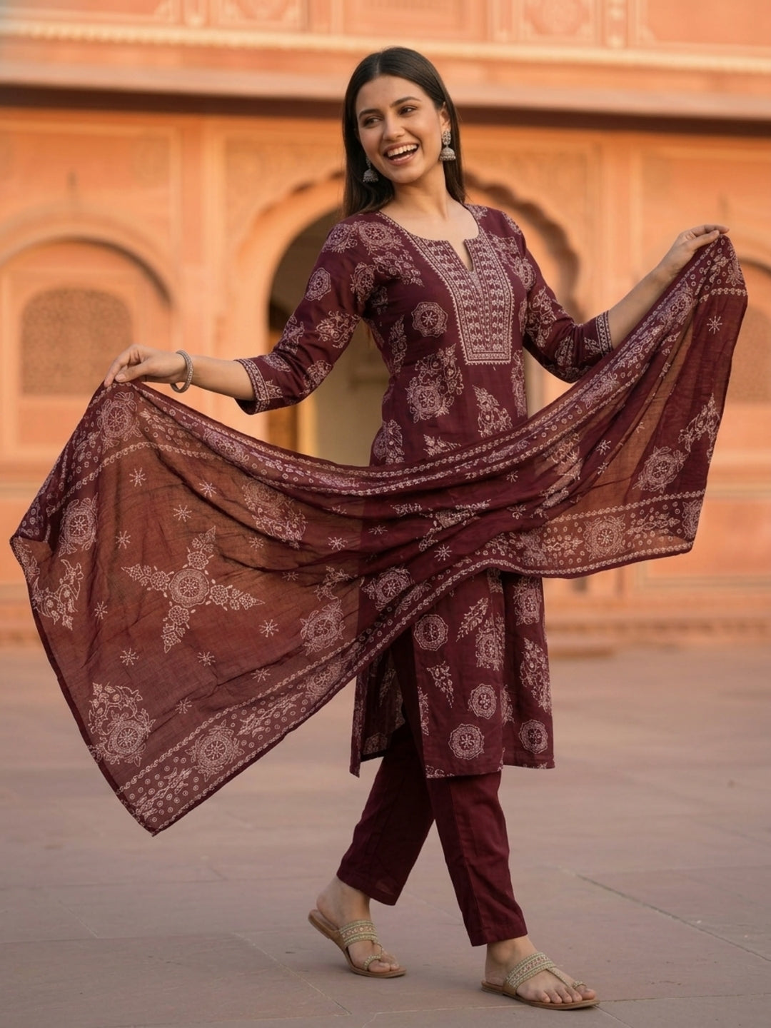 Ethnic Floral Printed Embroidered Straight Kurta with Pant & Dupatta - Burgundy