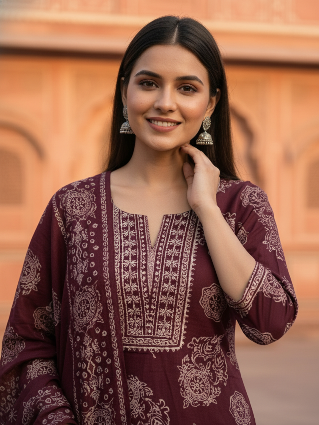 Ethnic Floral Printed Embroidered Straight Kurta with Pant & Dupatta - Burgundy