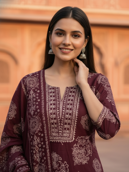 Ethnic Floral Printed Embroidered Straight Kurta with Pant & Dupatta - Burgundy