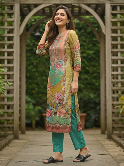 Floral Printed Embroidered Straight Kurta - Multi