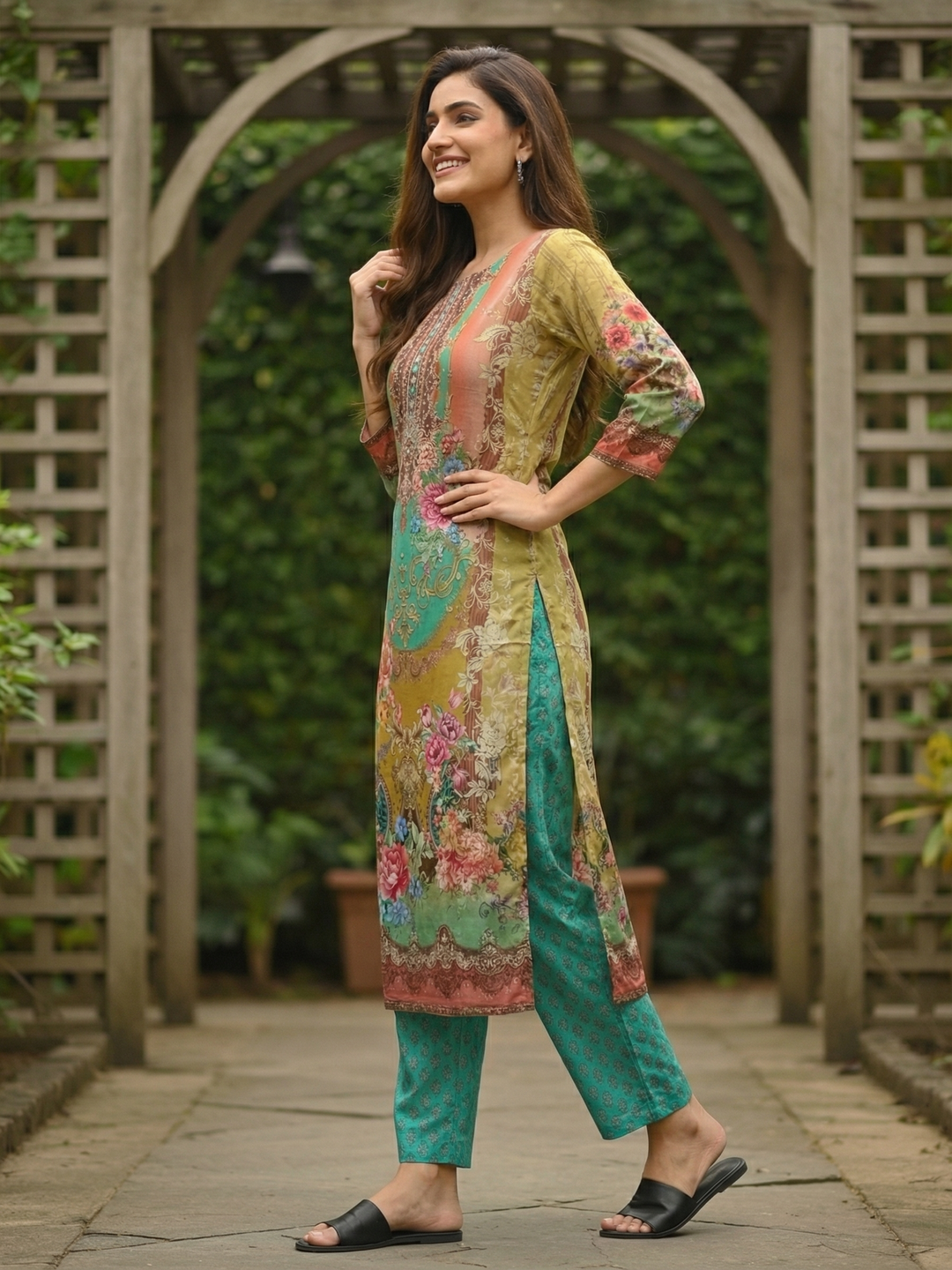 Floral Printed Embroidered Straight Kurta - Multi