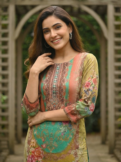 Floral Printed Embroidered Straight Kurta - Multi