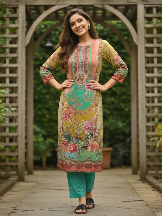 Floral Printed Embroidered Straight Kurta - Multi