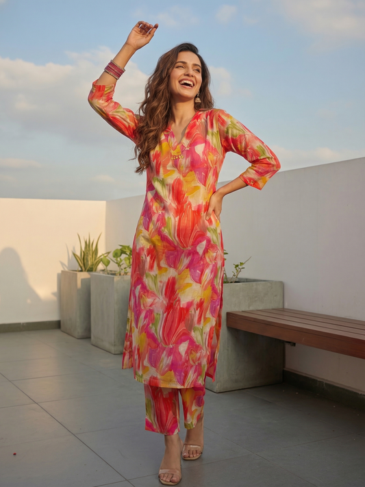 Abstract Floral Foil Printed A-Line Co-ord Set - Pink