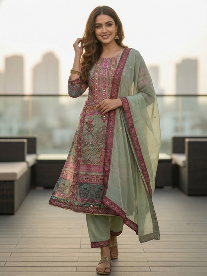 Ethnic Embroidered A-Line Kurta with Palazzo & Dupatta - Mint Green