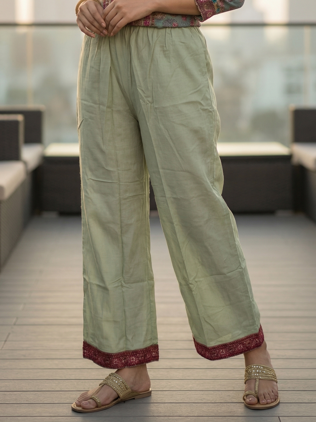 Ethnic Embroidered A-Line Kurta with Palazzo & Dupatta - Mint Green