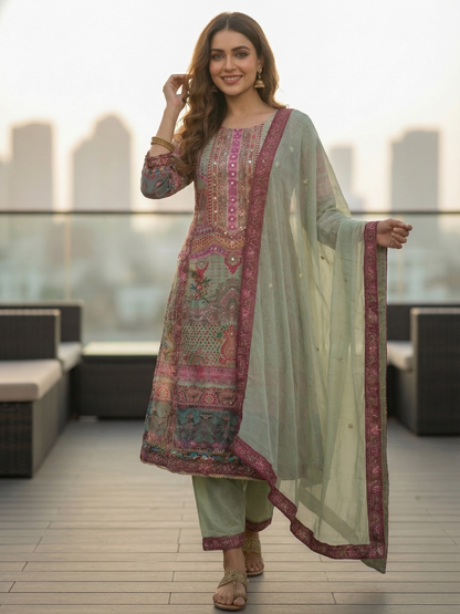 Ethnic Embroidered A-Line Kurta with Palazzo & Dupatta - Mint Green
