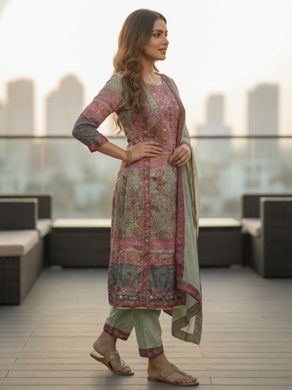 Ethnic Embroidered A-Line Kurta with Palazzo & Dupatta - Mint Green