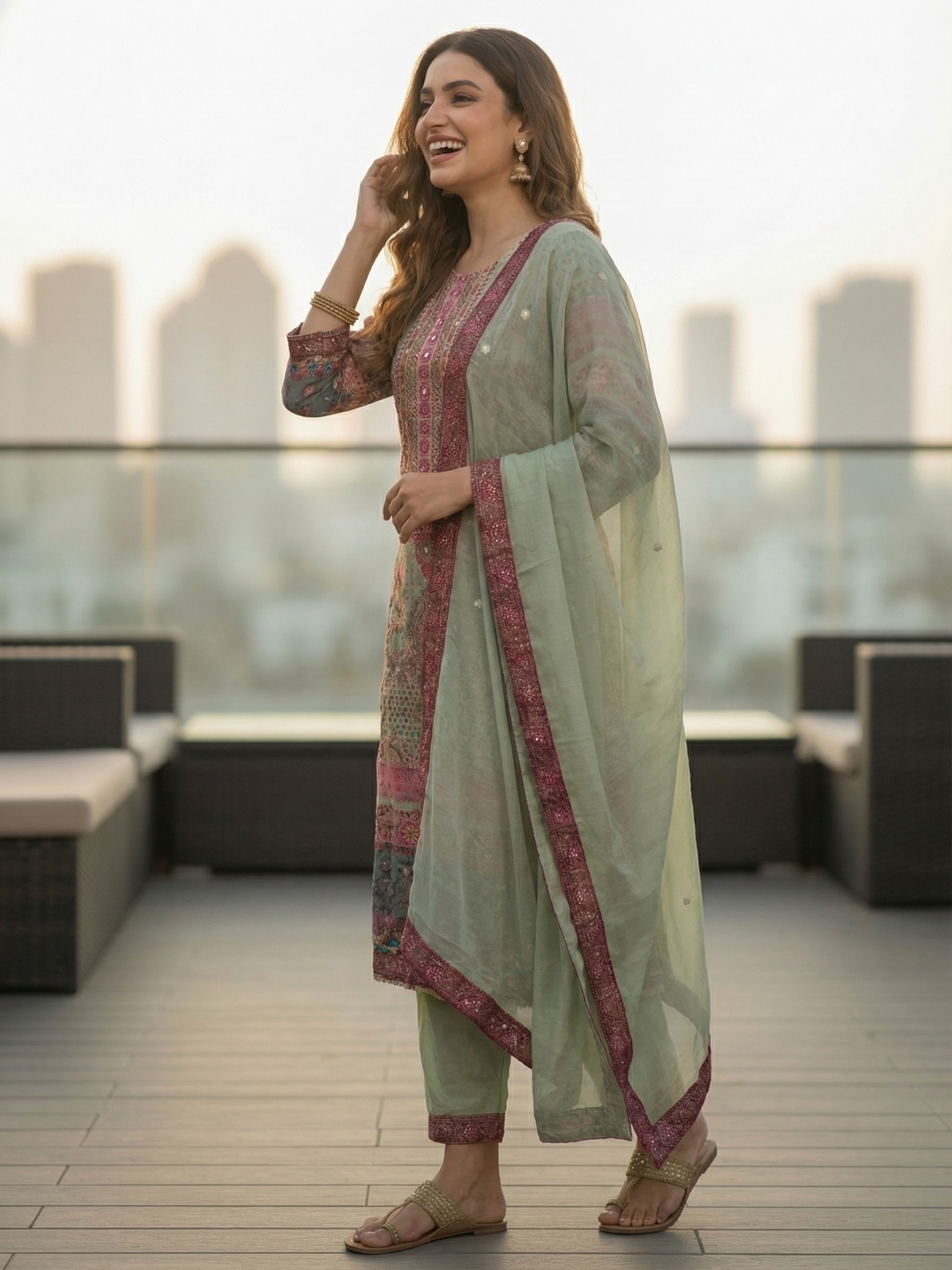 Ethnic Embroidered A-Line Kurta with Palazzo & Dupatta - Mint Green