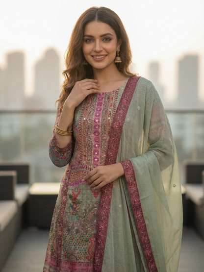 Ethnic Embroidered A-Line Kurta with Palazzo & Dupatta - Mint Green