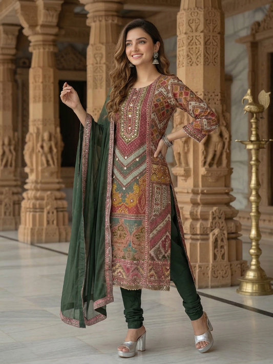 Ethnic Embroidered A-Line Kurta with Palazzo & Dupatta - Green