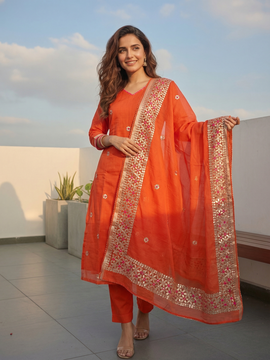 Solid Gota Patti Embroidered Kota Doria Straight Kurta with Pant & Dupatta - Orange