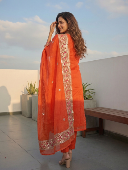 Solid Gota Patti Embroidered Kota Doria Straight Kurta with Pant & Dupatta - Orange