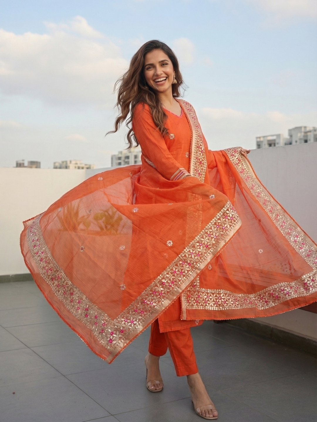 Solid Gota Patti Embroidered Kota Doria Straight Kurta with Pant & Dupatta - Orange