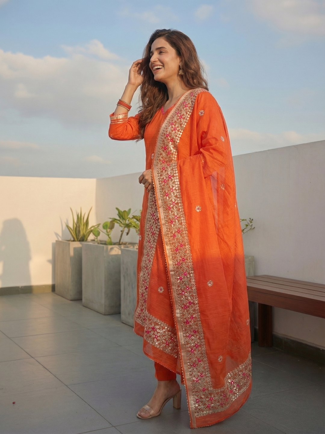 Solid Gota Patti Embroidered Kota Doria Straight Kurta with Pant & Dupatta - Orange