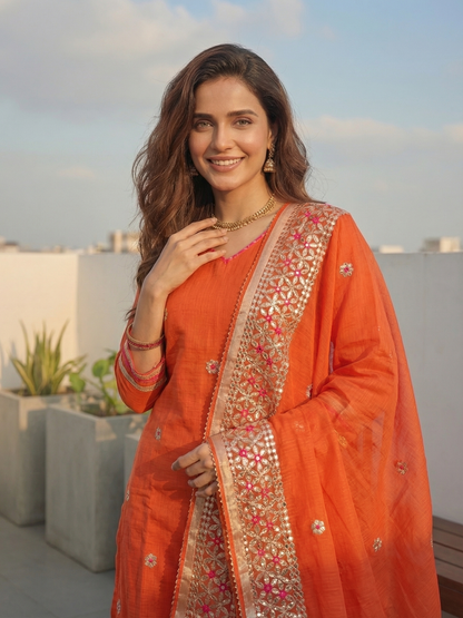Solid Gota Patti Embroidered Kota Doria Straight Kurta with Pant & Dupatta - Orange