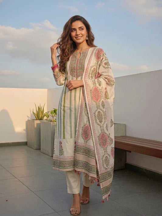 Ethnic Block Printed Straight Fit Kurta with Pant & Dupatta - Multi