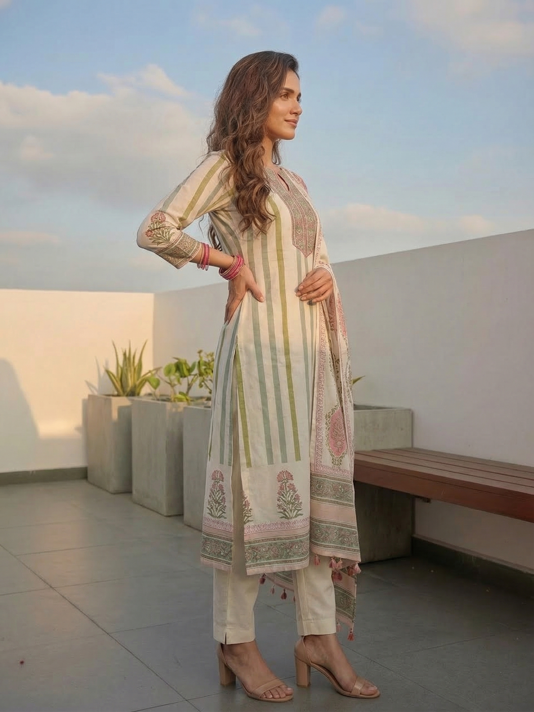 Ethnic Block Printed Straight Fit Kurta with Pant & Dupatta - Multi