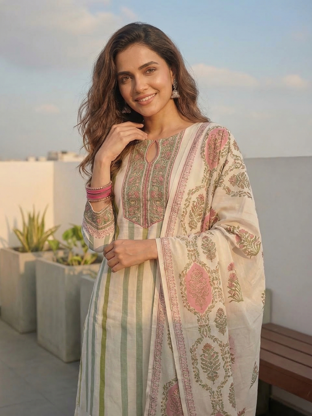 Ethnic Block Printed Straight Fit Kurta with Pant & Dupatta - Multi