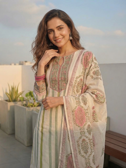 Ethnic Block Printed Straight Fit Kurta with Pant & Dupatta - Multi