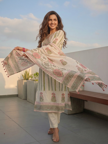 Ethnic Block Printed Straight Fit Kurta with Pant & Dupatta - Multi