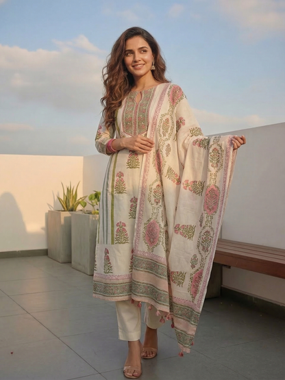 Ethnic Block Printed Straight Fit Kurta with Pant & Dupatta - Multi