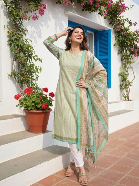 Ethnic Printed Straight Fit Chanderi Kurta with Pant & Dupatta - Cream