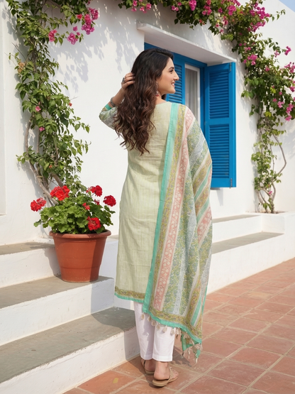 Ethnic Printed Straight Fit Chanderi Kurta with Pant & Dupatta - Cream