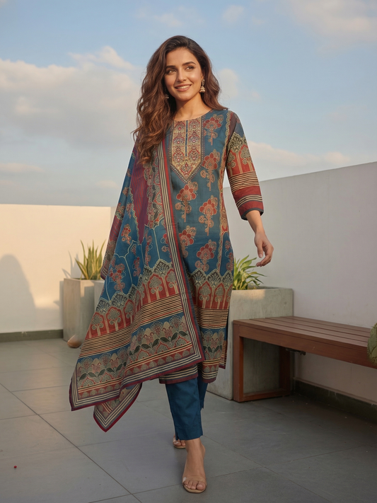 Floral Printed Embellished Straight Kurta with Pant & Dupatta - Blue