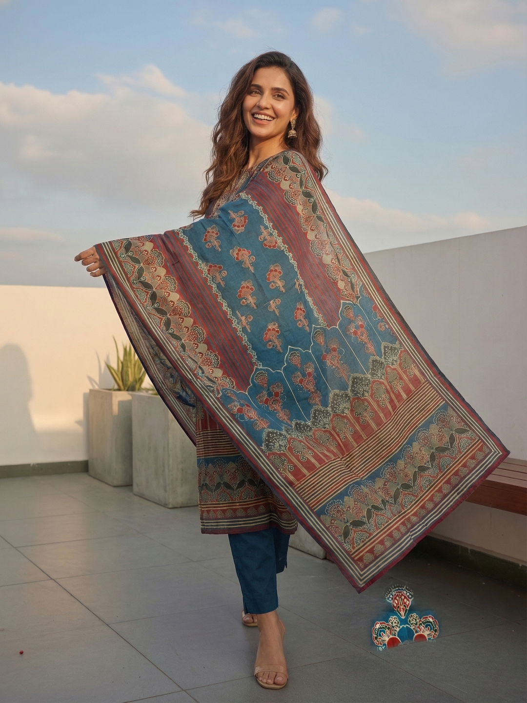 Floral Printed Embellished Straight Kurta with Pant & Dupatta - Blue