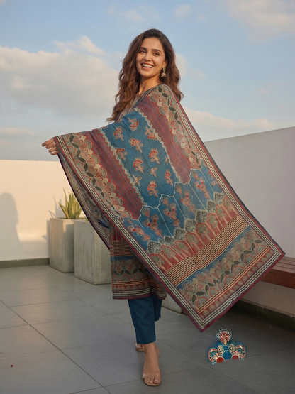 Floral Printed Embellished Straight Kurta with Pant & Dupatta - Blue