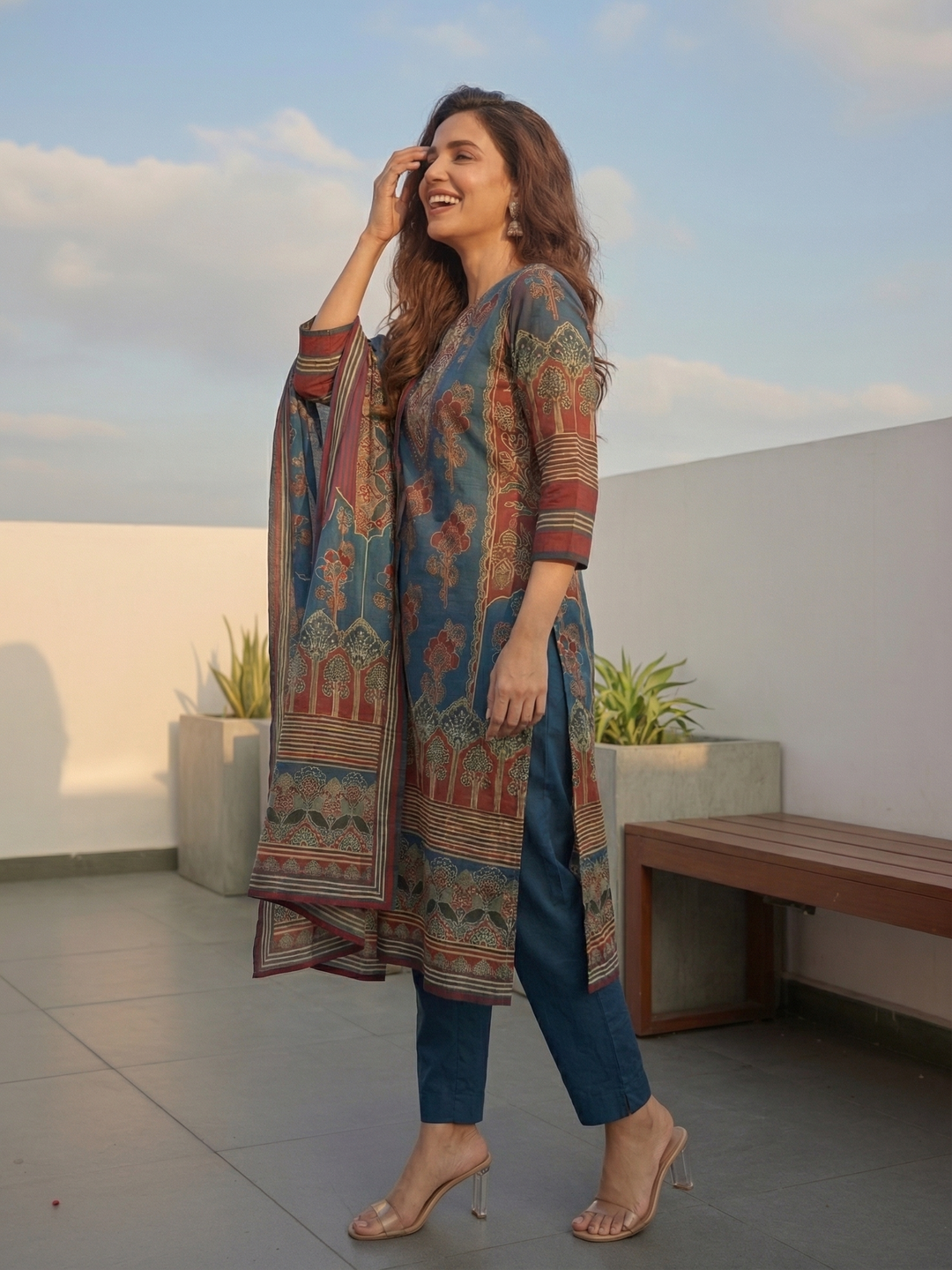 Floral Printed Embellished Straight Kurta with Pant & Dupatta - Blue