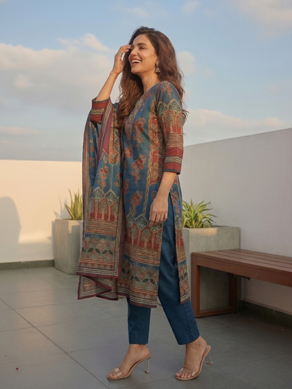 Floral Printed Embellished Straight Kurta with Pant & Dupatta - Blue