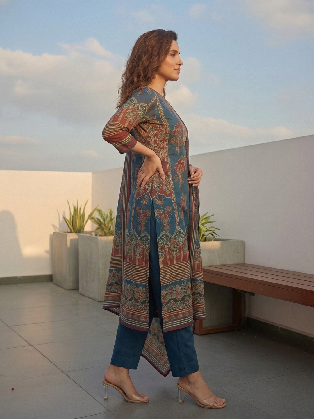 Floral Printed Embellished Straight Kurta with Pant & Dupatta - Blue